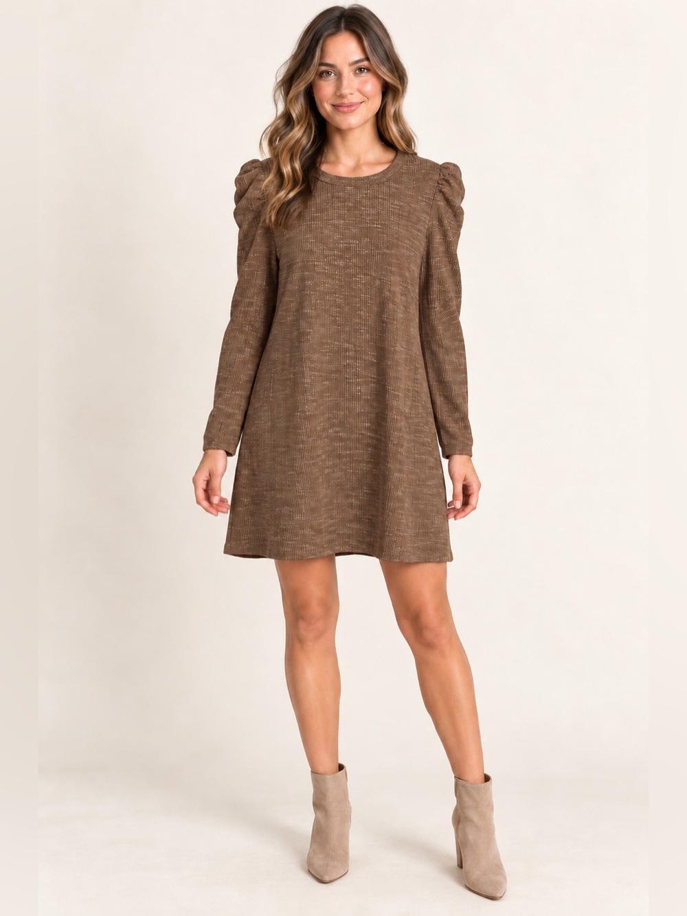 Mystree Brown Puff Shoulder Stretch Knit Dress – S, M & L – NWT
